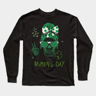 Womens St Patricks Day Skull Messy Bun Saint Pattys Paddys Women Long Sleeve T-Shirt